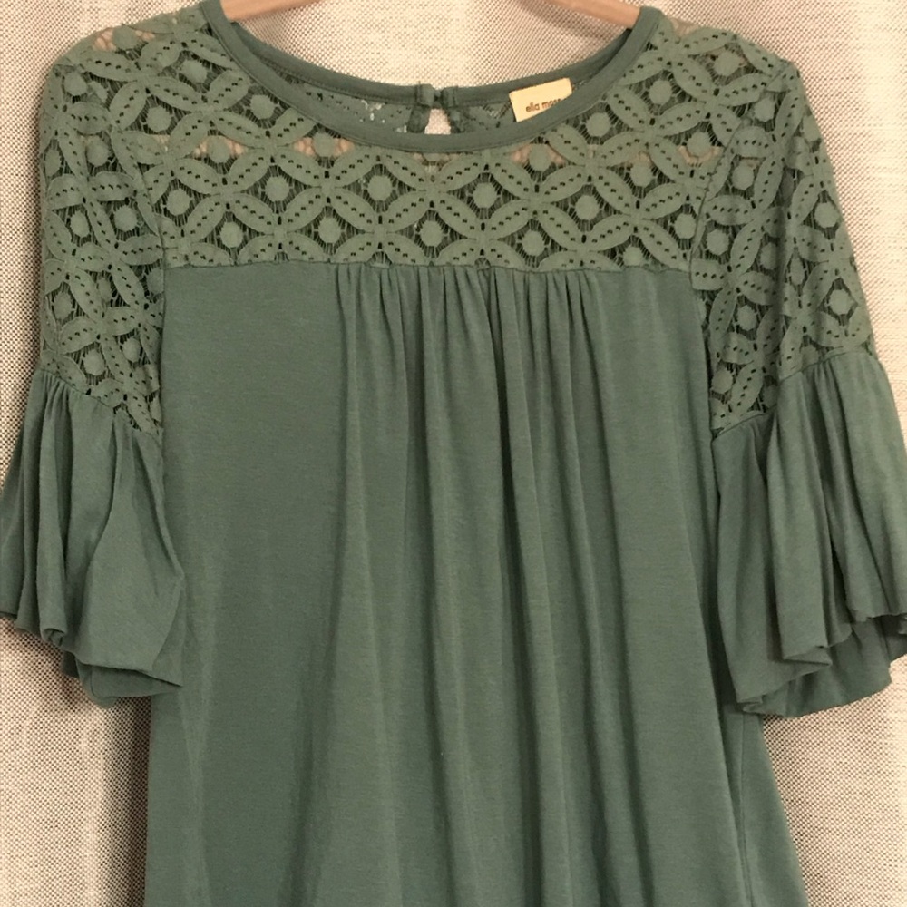 Ella moss top with lace detail and flutter sleeves